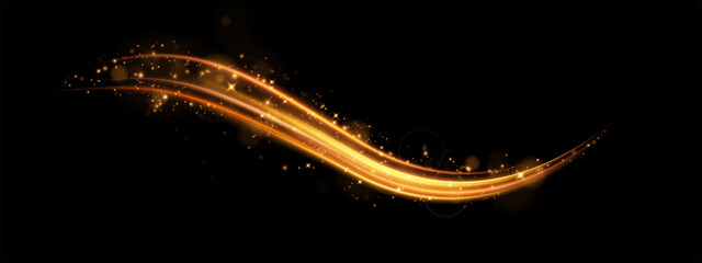 Vector illustration of golden dynamic lights and light lines, with flying sparks effect, isolated on black background. Abstract background for concepts of science, light, speed, futuristic and energy 