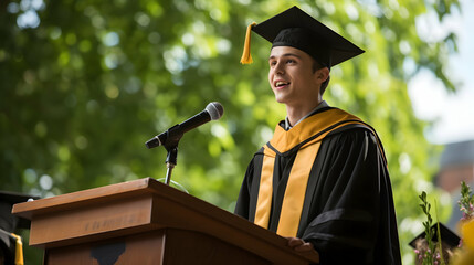 Confident graduate student making the inspirational valedictorian speech at the stage, addressing his peers