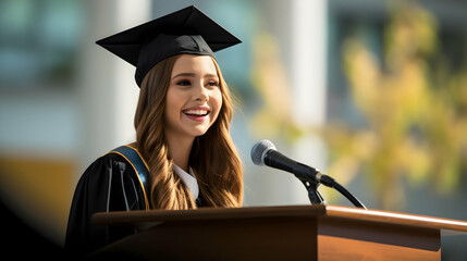 Confident graduate female student making the inspirational valedictorian speech at the stage, addressing her peers