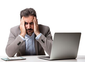 business person sits at their office desk, engrossed in work on their laptop, stress of the job is evident as they rest their hands on their head, png transparent