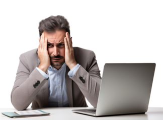 business person sits at their office desk, engrossed in work on their laptop, stress of the job is evident as they rest their hands on their head, png transparent
