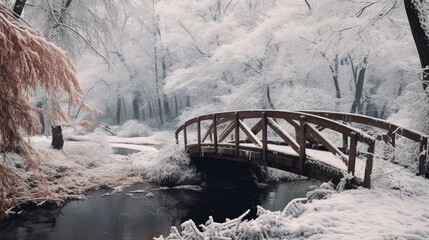 A charming wooden bridge over a frosty stream, flanked by trees with branches covered in snow.
