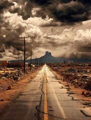 Obraz premium Post apocalyptic background image of wasteland with abandoned and cracked road to nowhere