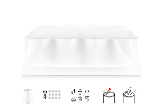 Hight realistic tin can multipack 4x3  mockup with icon set. Vector illustration isolated on white background. Easy to use for presentation your product, idea, design. EPS10.