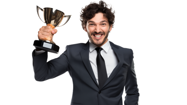 Celebratory moment, a successful individual businessman holds a prestigious trophy, png transparent