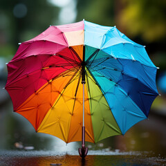 A cheerful photo of a rainbow umbrella in the rain.
