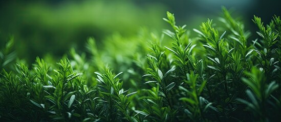 Blurred background photograph of green bushes with juicy leaves