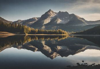 A mountain landscape with reflections in a calm lake.