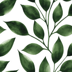Green watercolor leaves on a white background. Hand drawn botanical seamless pattern for wallpaper and fabric design