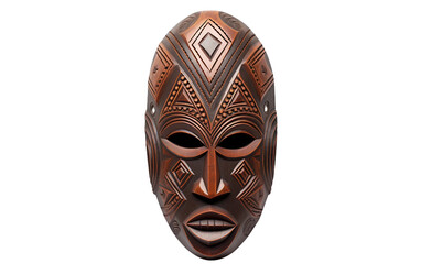 Stunning Brown African Dan Mask Known for its Geometric Patterns Isolated on Transparent Background PNG.