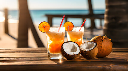 Tropical cocktails to enjoy on the beach. Concept of vacations, disconnection and rest.
