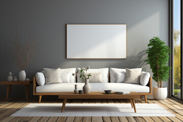 Blank white picture/art frame in a light and modern living room. Mock up template for Design or product placement