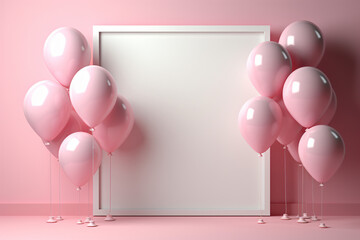 Blank white frame and pink balloons isolated on pink pastel color background with shadows minimal...