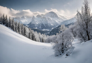 A peaceful mountain landscape covered in snow.