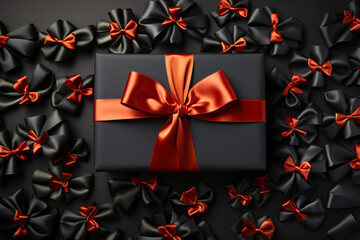 Blank open black present box or top view of black gift box with black ribbons and bow isolated on dark background with shadow minimal black friday conceptual 3D rendering