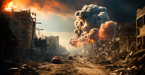 Fototapeta na wymiar Bomb explosion in Palestine, Israeli attack on Gaza, eastern war - AI generated image