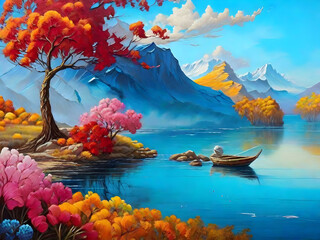 paint art of autumn landscape with lake for autumn landscape background and wallpaper. 
