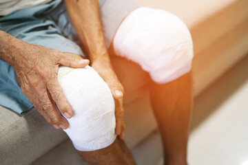 Asian senior Elderly man have knee pain and bone problems.