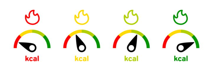 Foto op Plexiglas Speedometer kcal icon set. Tachometer kilocalories vector sign. Calories indicator icon © Pointer Marker