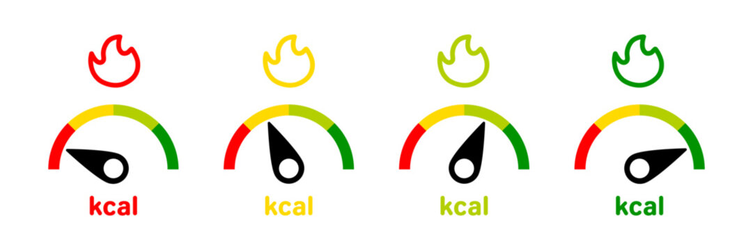 Speedometer kcal icon set. Tachometer kilocalories vector sign. Calories indicator icon
