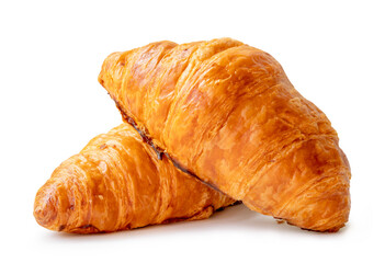 two piece of croissant in stack or cross shape isolated on white background with clipping path