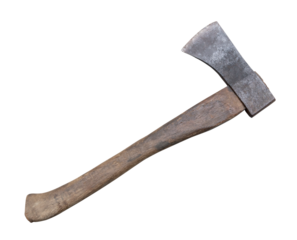 Old rust dirty dark gray axe with brown wooden handle isolated on white background with clipping path in png format