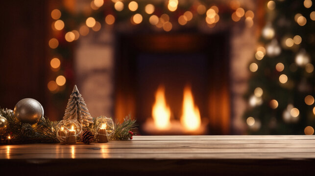 Christmas background with wooden table in front of fireplace and christmas tree.