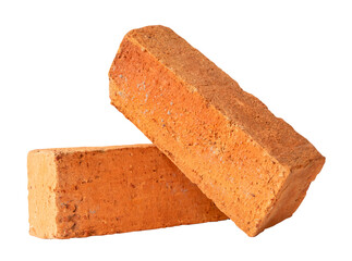 Cracked old red or orange bricks in stack or cross shape isolated on white background with clipping...
