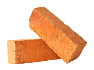 Cracked old red or orange bricks in stack or cross shape isolated on white background with clipping path in png file format