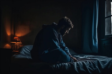 Silhouette of Despondent Man Sitting on Bed. Generative Ai. - obrazy, fototapety, plakaty