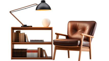 Stylish Wooden Workspace with Leather Armchair and Modern Lamp on Transparent Background