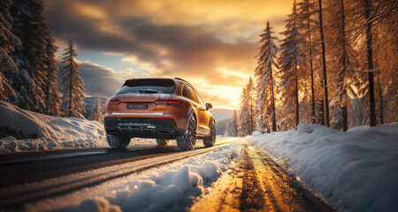 Car on the snowy road in natural park. - obrazy, fototapety, plakaty