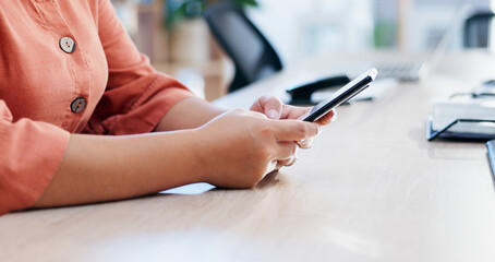 Phone, search and hands of business woman in office for social media, email or networking chat...