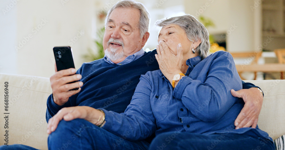 Canvas Prints Home, internet and senior couple with cellphone, love and connection with social media, talking and post. People, mature man and old woman with smartphone, online reading and typing with mobile user