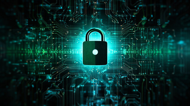 Tło z kł&oacute;dką na środku związaną z cyberbezpieczeństwem