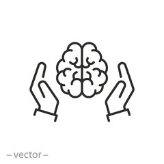 brain with human hands icon, mental health treatment, psychology care, help psychotherapy, thin line symbol on white background - editable stroke vector illustration eps10 - obrazy, fototapety, plakaty