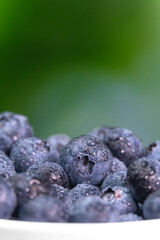 Macro photography of fresh antioxidant natural blueberries in a white bowl. Close-up of ripe blueberries on a green background. Concept of healthy eating. Vertical photo