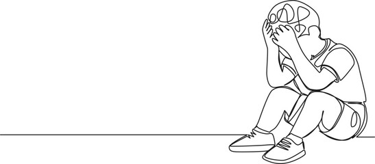 continuous single line drawing of sad or frustrated toddler boy sitting on floor hiding face behind hands, line art vector illustration