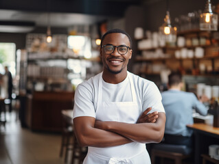 Fototapeta premium Portrait of a handsome African-American barista in white t-shirt and apron standing at the counter of the modern cafe interior, male barista at work, coffee shop