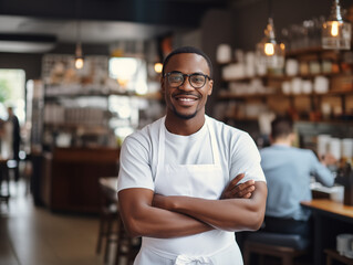 Portrait of a handsome African-American barista in white t-shirt and apron standing at the counter of the modern cafe interior, male barista at work, coffee shop