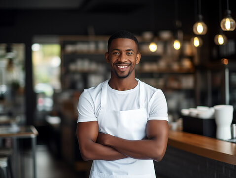 Smiling Barista standing in modern coffee shop interior, crossed arms, smiling, looking at camera, coffee shop interior