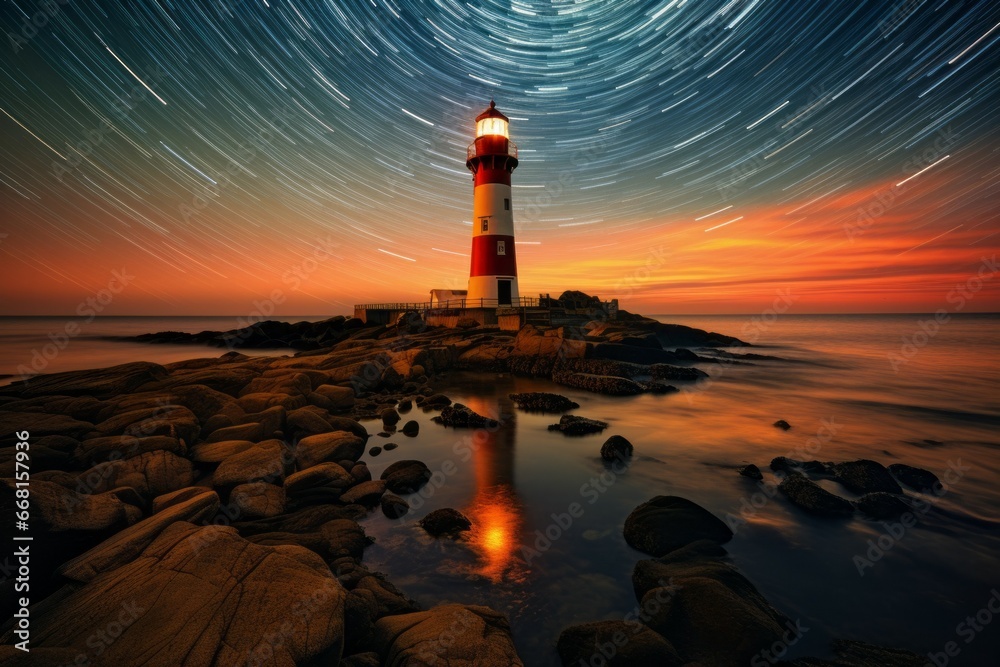Wall mural lighthouse on the seashore. background with selective focus and copy space