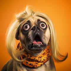 funny surprised pug with blonde hairs, created using generative AI tools