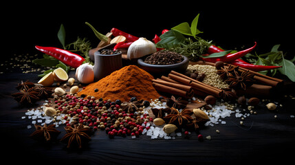 Mix of spices on the black countertop. Cinnamon sticks, colorful peppercorns, coriander, star anise, garlic, chili peppers, herbs, turmeric powder, limes, and coarse salt.