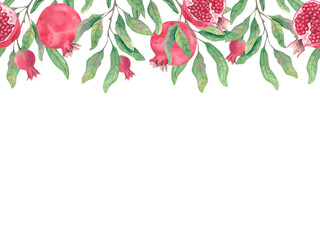 Watercolor pomegranates. Seamless horizontal border on white background. Red fruit fruits and green branches. Watercolor illustration. For print, fabric, postcard, label.