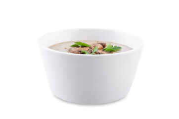 Roasted mushroom potato puree soup in a bowl on a white isolated background
