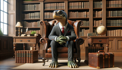 a wise turtle in business attire, seated in a leather armchair, surrounded by ancient tomes in a classic study