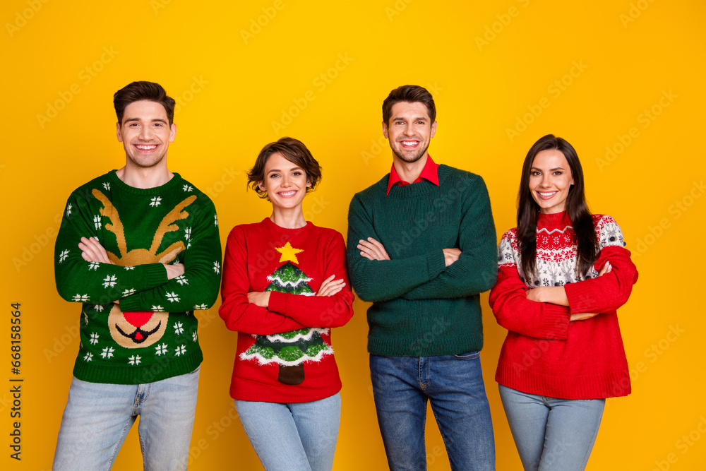 Sticker photo of four people best friends crossing arms prepare christmas party isolated on bright color bac