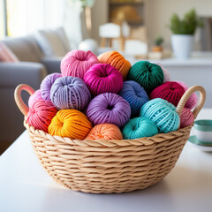  A crochet basket filled with colorful yarn balls
