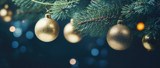 Obraz na płótnie Canvas Christmas tree branch with golden baubles on bokeh background.